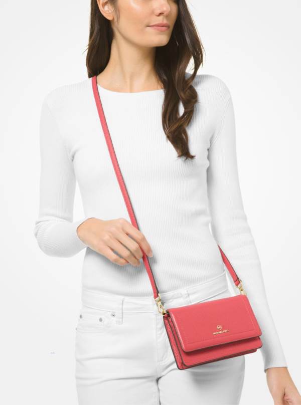 Damske Crossbody Kabelka Michael Kors Jet Set Small Pebbled Leather Smartphone Convertible Svetlo Červené - Kabelky Michael Kors Akcia | RXGVI-6970